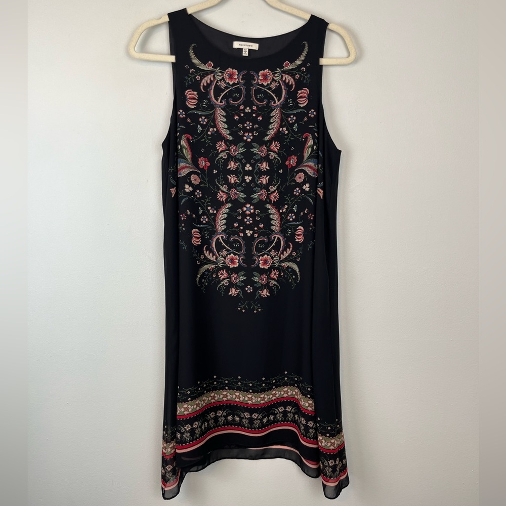 Max Studio Black Floral Georgette Trapeze Shift Dress MEDIUM